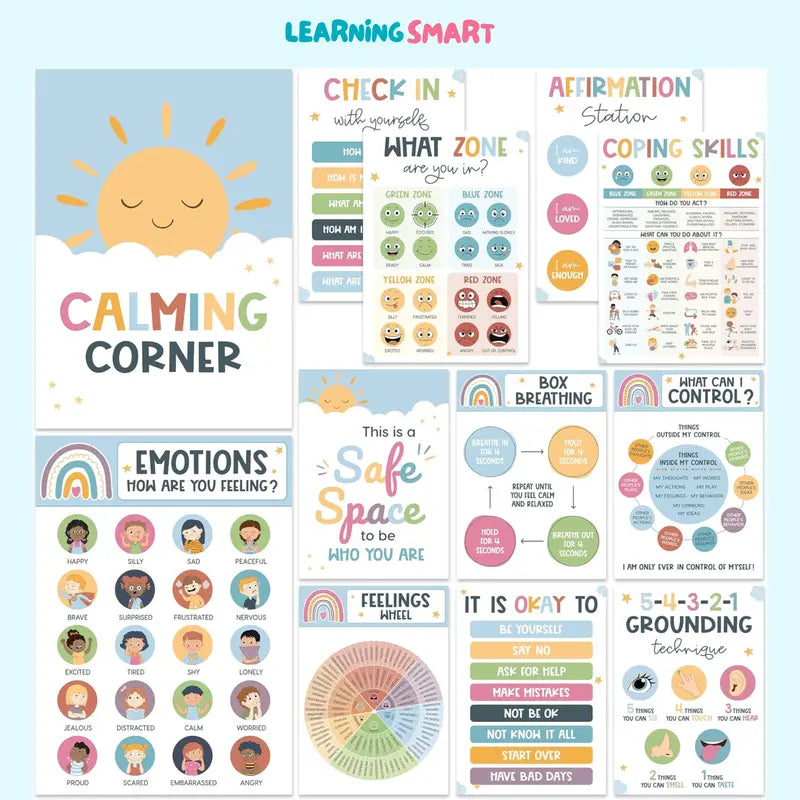 🌈 12 Pcs Calming Posters – Help Kids Understand Their Feelings 💖