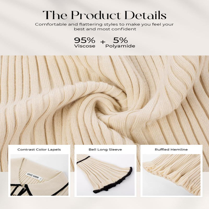 👗 Women’s Ribbed Sweater Dress – Long Sleeve Lapel Collar Knitted Bodycon Dress 💫