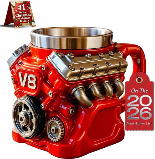 Retro Engine Coffee Mug, V8 Engines Stainless Steel Cup, Personalized Double Wall Insulation Car Mug with Handle Perfect for Father's Day, Christmas, Husband, Mechanic, Car Enthusiast