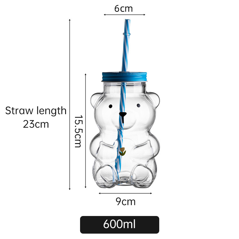 🧸 Cute Bear Glass Cup With Straw — 600ml