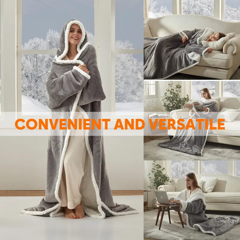 🔥 Wearable Electric Heated Blanket with Sleeves, Hood & Foot Pockets – 50x70 Inch Cozy Flannel Sherpa Blanket 🔌❄️
