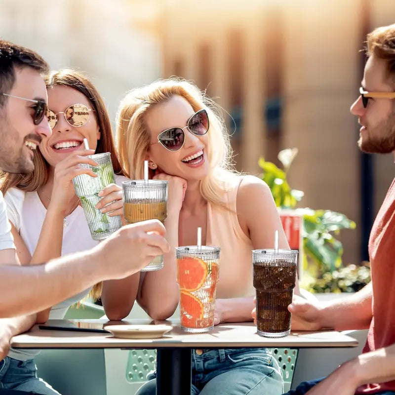 🥤 19oz Ribbed Glass Tumblers with Lids & Straws