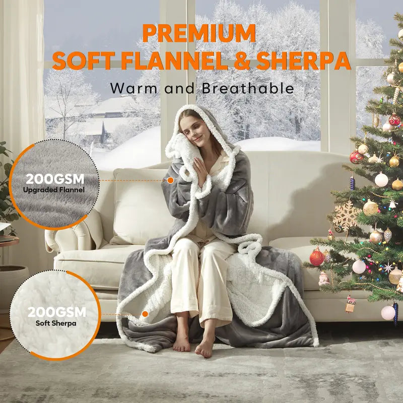 🔥 Wearable Electric Heated Blanket with Sleeves, Hood & Foot Pockets – 50x70 Inch Cozy Flannel Sherpa Blanket 🔌❄️