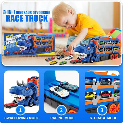 Dinosaur Transport Truck Toy – 2-in-1 Racetrack + Storage Playset with 12 Die-Cast Cars