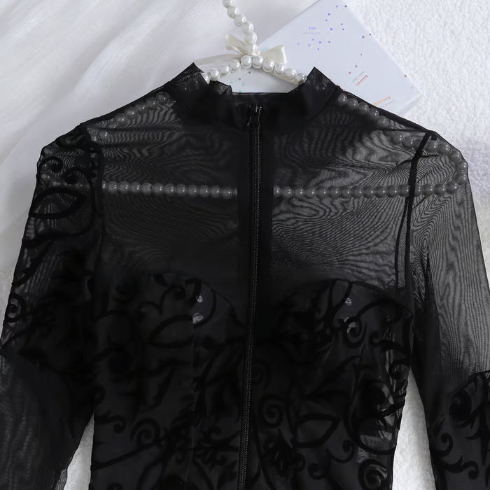 Embroidered Mesh Zipper See-through Long-sleeved Lingerie Bodysuit