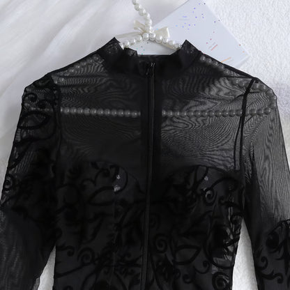 Embroidered Mesh Zipper See-through Long-sleeved Lingerie Bodysuit