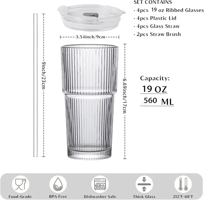 🥤 19oz Ribbed Glass Tumblers with Lids & Straws