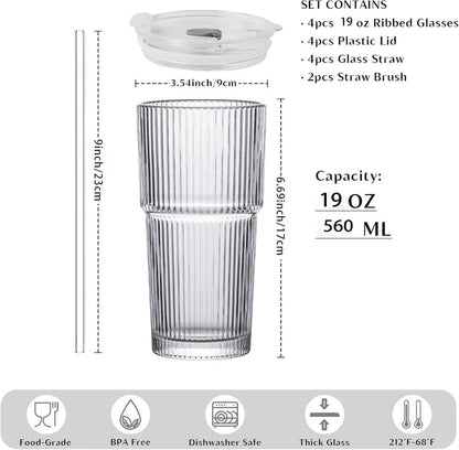 🥤 19oz Ribbed Glass Tumblers with Lids & Straws