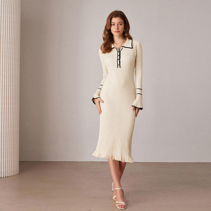 👗 Women’s Ribbed Sweater Dress – Long Sleeve Lapel Collar Knitted Bodycon Dress 💫