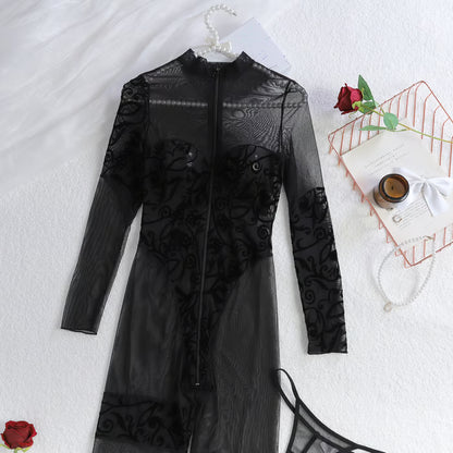 Embroidered Mesh Zipper See-through Long-sleeved Lingerie Bodysuit