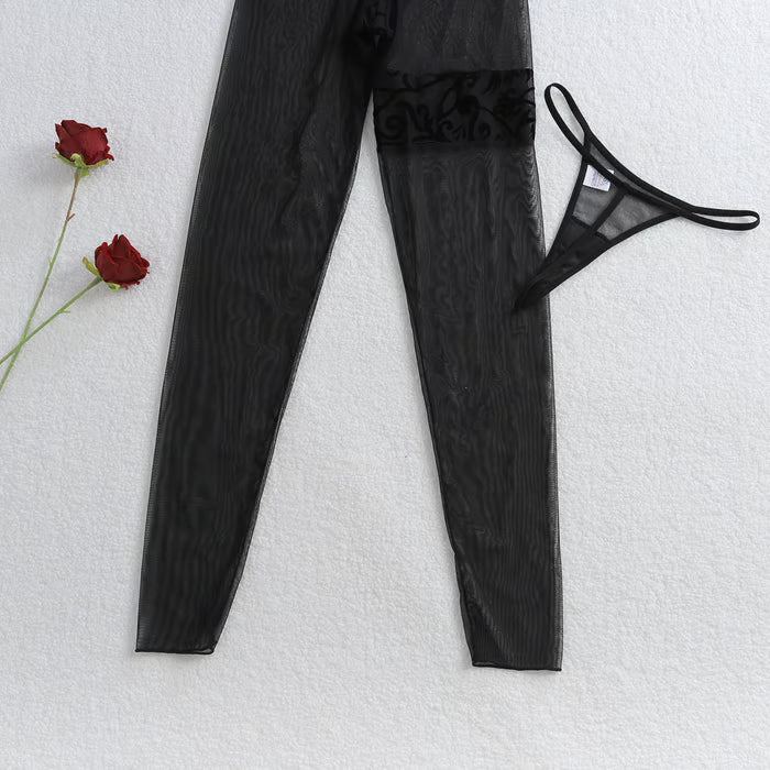 Embroidered Mesh Zipper See-through Long-sleeved Lingerie Bodysuit