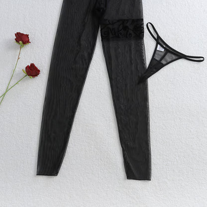 Embroidered Mesh Zipper See-through Long-sleeved Lingerie Bodysuit