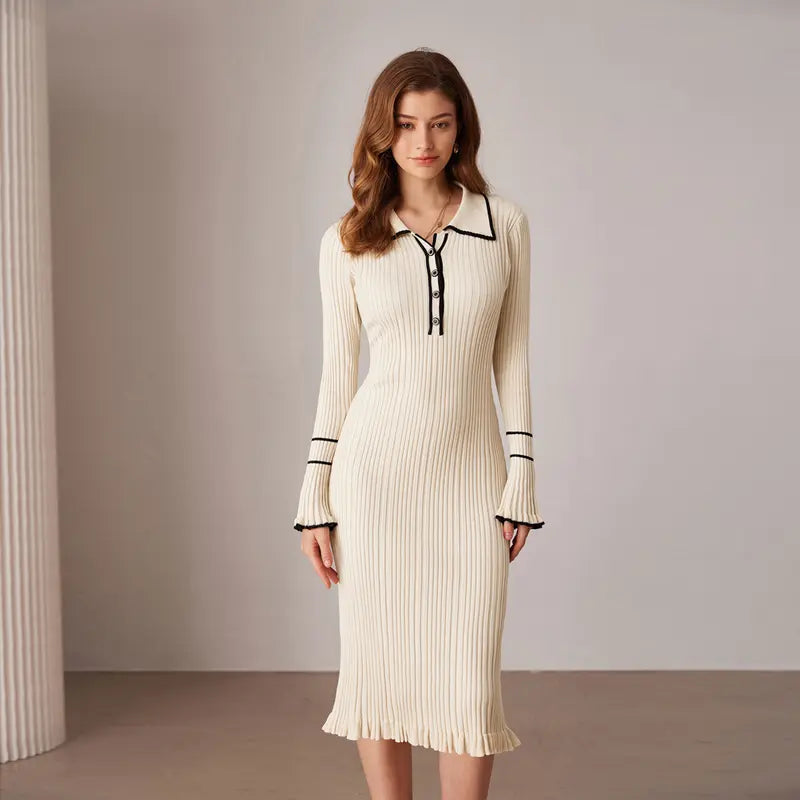 👗 Women’s Ribbed Sweater Dress – Long Sleeve Lapel Collar Knitted Bodycon Dress 💫