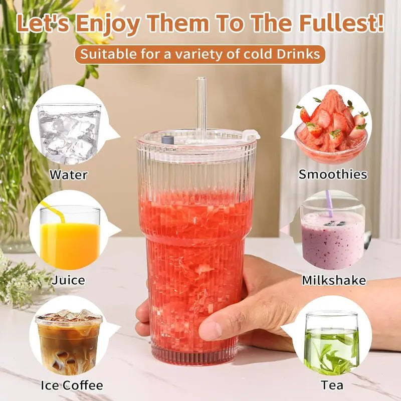 🥤 19oz Ribbed Glass Tumblers with Lids & Straws