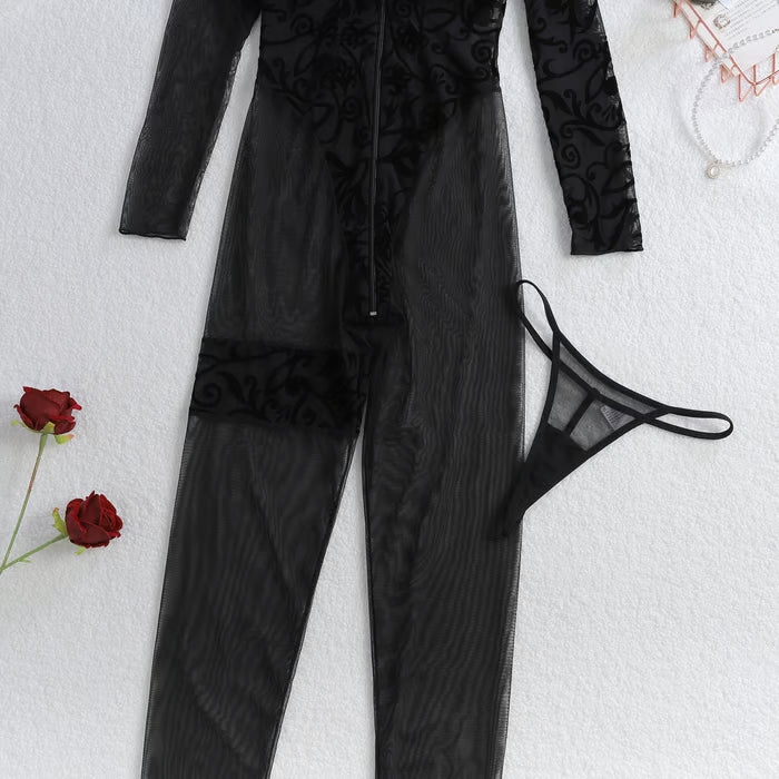 Embroidered Mesh Zipper See-through Long-sleeved Lingerie Bodysuit
