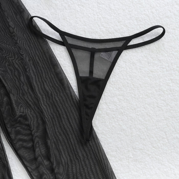 Embroidered Mesh Zipper See-through Long-sleeved Lingerie Bodysuit