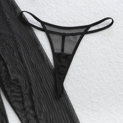 Embroidered Mesh Zipper See-through Long-sleeved Lingerie Bodysuit