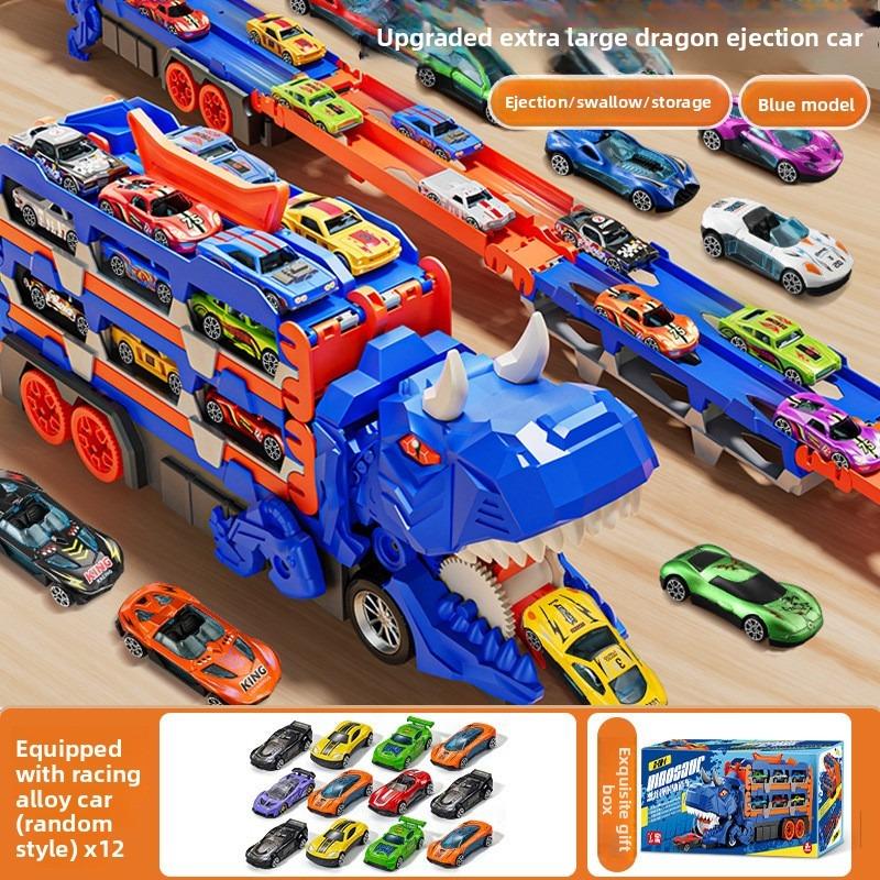 Dinosaur Transport Truck Toy – 2-in-1 Racetrack + Storage Playset with 12 Die-Cast Cars