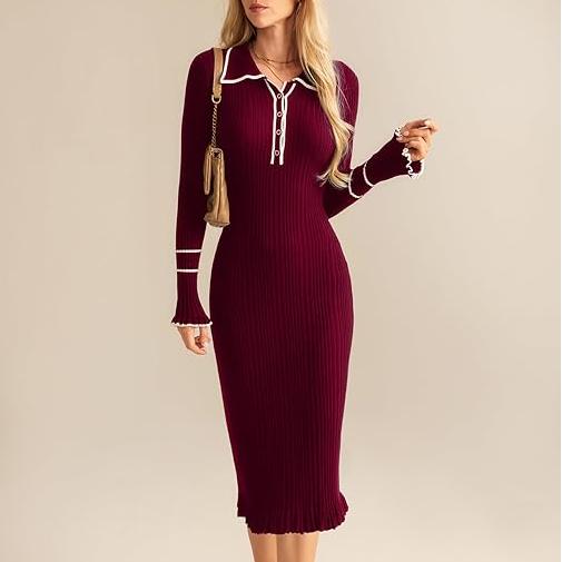 👗 Women’s Ribbed Sweater Dress – Long Sleeve Lapel Collar Knitted Bodycon Dress 💫