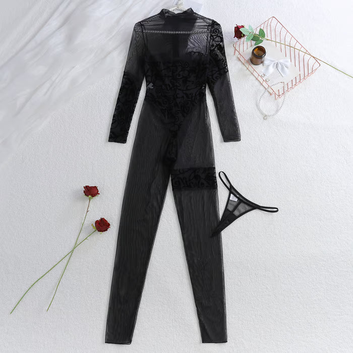 Embroidered Mesh Zipper See-through Long-sleeved Lingerie Bodysuit