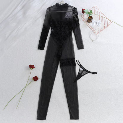 Embroidered Mesh Zipper See-through Long-sleeved Lingerie Bodysuit
