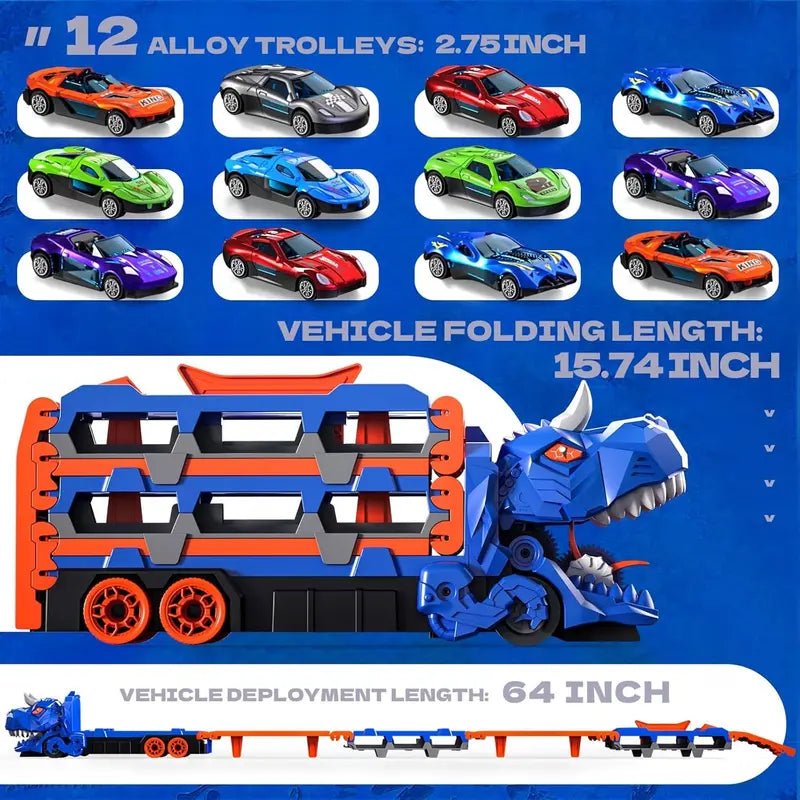 Dinosaur Transport Truck Toy – 2-in-1 Racetrack + Storage Playset with 12 Die-Cast Cars