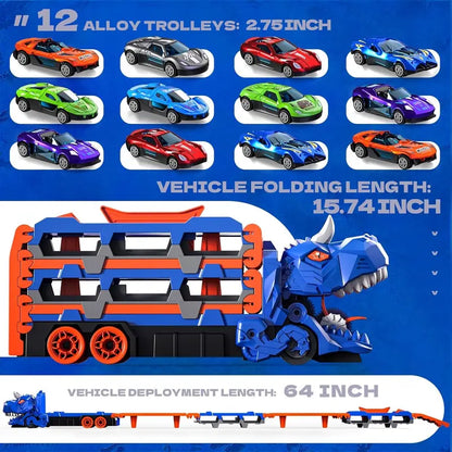 Dinosaur Transport Truck Toy – 2-in-1 Racetrack + Storage Playset with 12 Die-Cast Cars