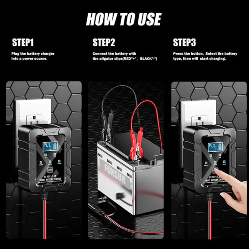 Smart Battery Charger, 6V and 12V, Battery Maintainer, For Lead-Acid & Lithium Batteries