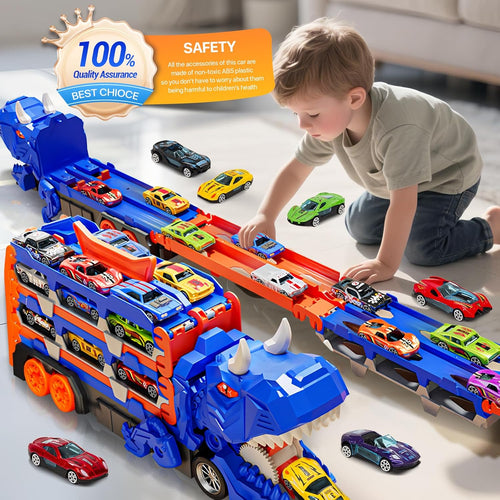 Dinosaur Transport Truck Toy – 2-in-1 Racetrack + Storage Playset with 12 Die-Cast Cars