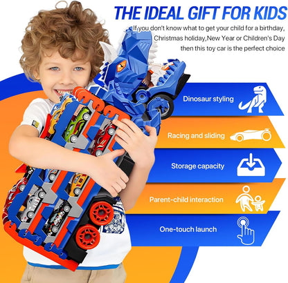 Dinosaur Transport Truck Toy – 2-in-1 Racetrack + Storage Playset with 12 Die-Cast Cars