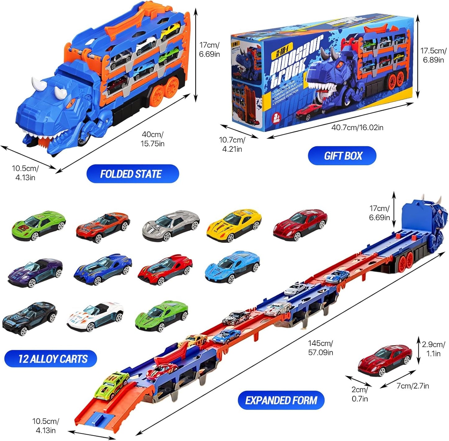 Dinosaur Transport Truck Toy – 2-in-1 Racetrack + Storage Playset with 12 Die-Cast Cars
