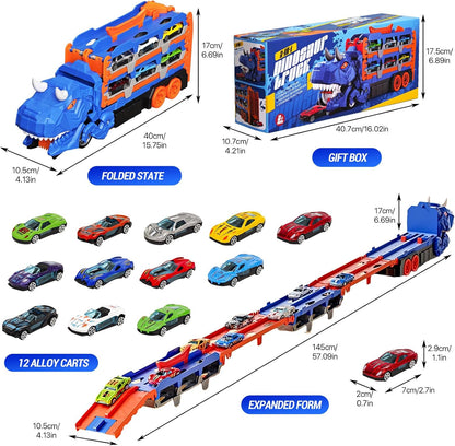 Dinosaur Transport Truck Toy – 2-in-1 Racetrack + Storage Playset with 12 Die-Cast Cars