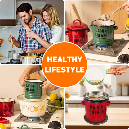 46oz Stainless Steel - Bacon Grease Container with Strainer & Food-Grade Silicone Spatula