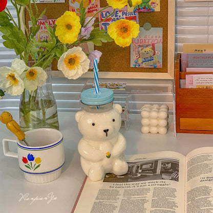 🧸 Cute Bear Glass Cup With Straw — 600ml