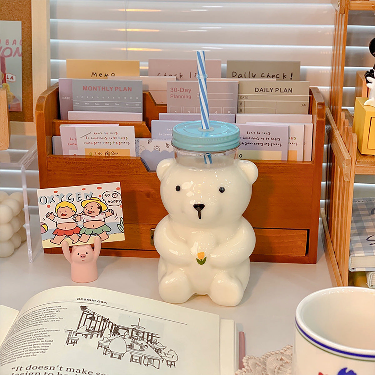 🧸 Cute Bear Glass Cup With Straw — 600ml