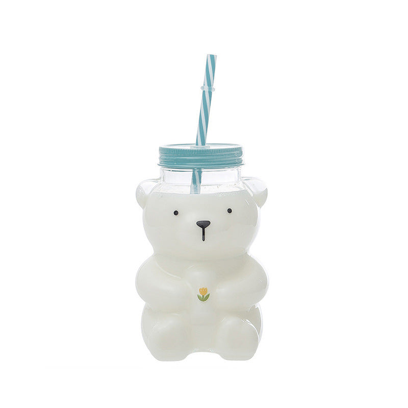 🧸 Cute Bear Glass Cup With Straw — 600ml
