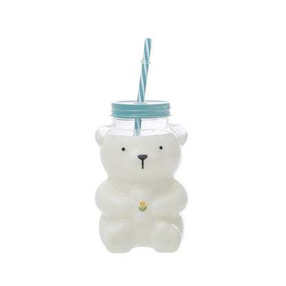 🧸 Cute Bear Glass Cup With Straw — 600ml