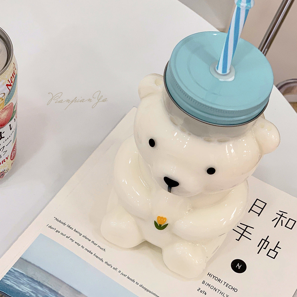 🧸 Cute Bear Glass Cup With Straw — 600ml