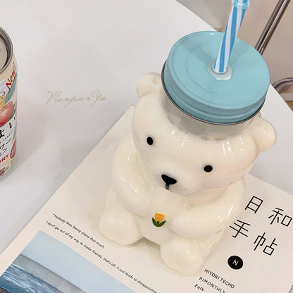 🧸 Cute Bear Glass Cup With Straw — 600ml