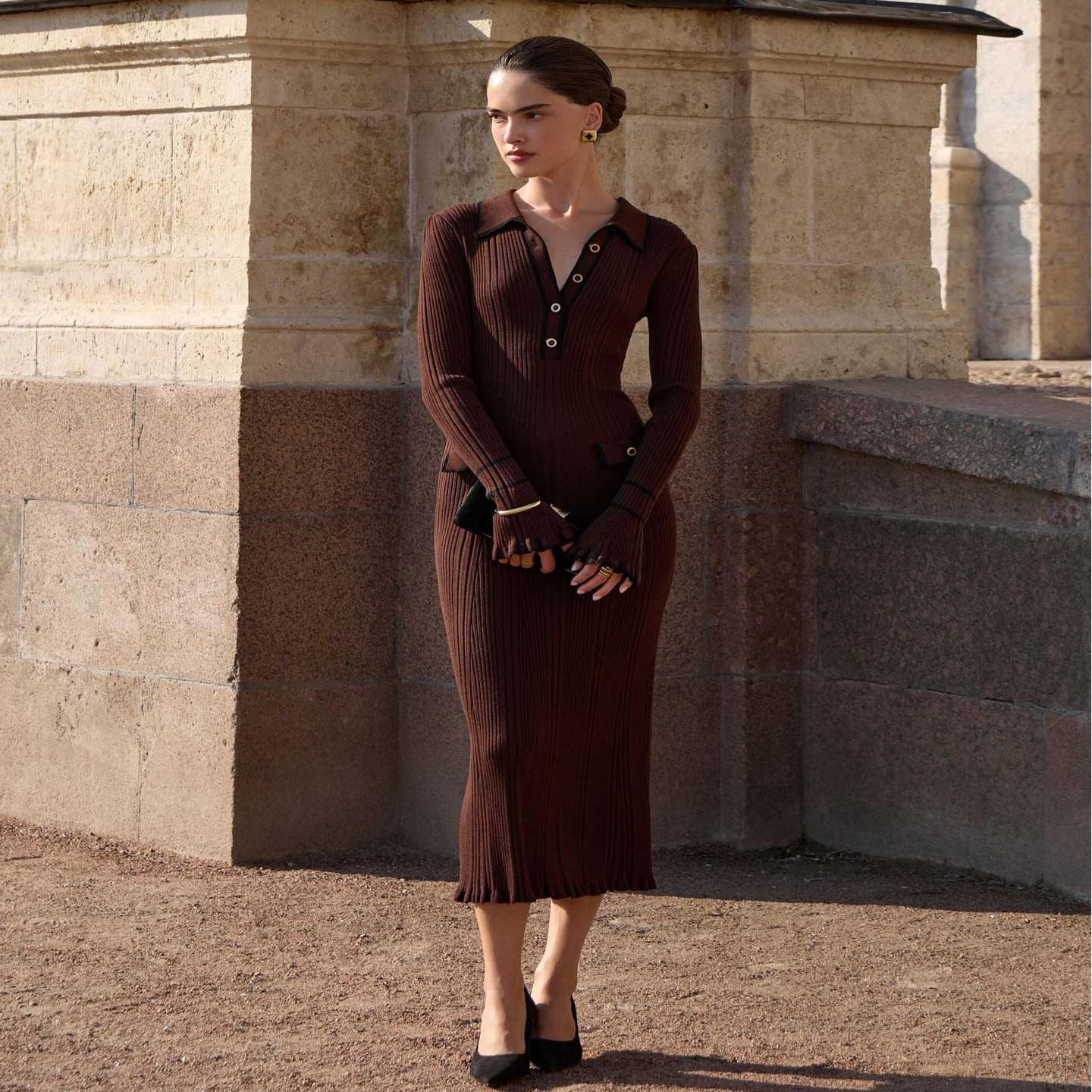 👗 Women’s Ribbed Sweater Dress – Long Sleeve Lapel Collar Knitted Bodycon Dress 💫