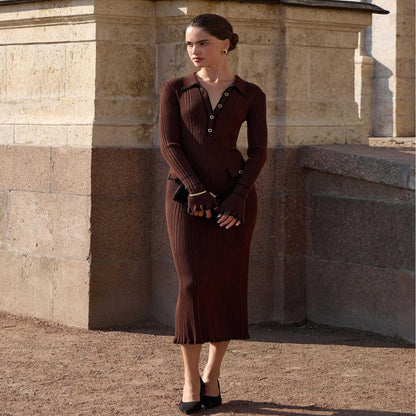 👗 Women’s Ribbed Sweater Dress – Long Sleeve Lapel Collar Knitted Bodycon Dress 💫