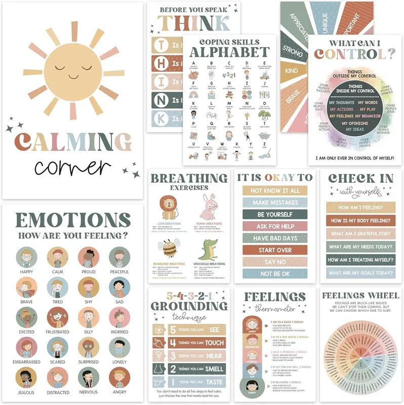 🌈 12 Pcs Calming Posters – Help Kids Understand Their Feelings 💖