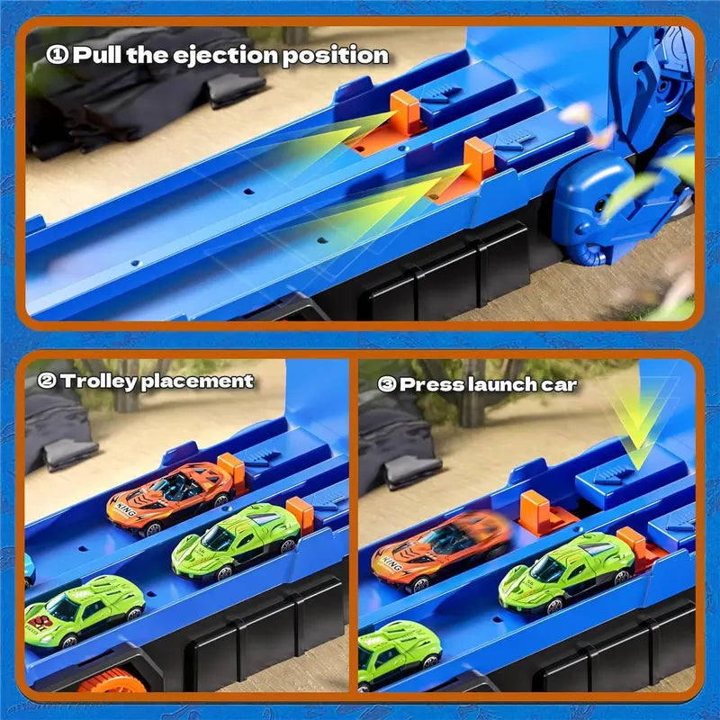 Dinosaur Transport Truck Toy – 2-in-1 Racetrack + Storage Playset with 12 Die-Cast Cars