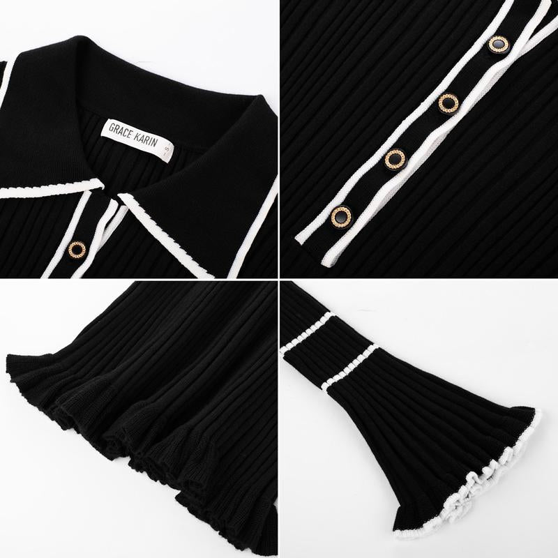 👗 Women’s Ribbed Sweater Dress – Long Sleeve Lapel Collar Knitted Bodycon Dress 💫