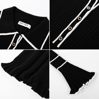 👗 Women’s Ribbed Sweater Dress – Long Sleeve Lapel Collar Knitted Bodycon Dress 💫