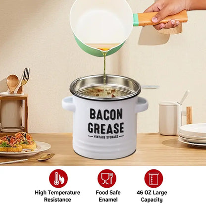 46oz Stainless Steel - Bacon Grease Container with Strainer & Food-Grade Silicone Spatula