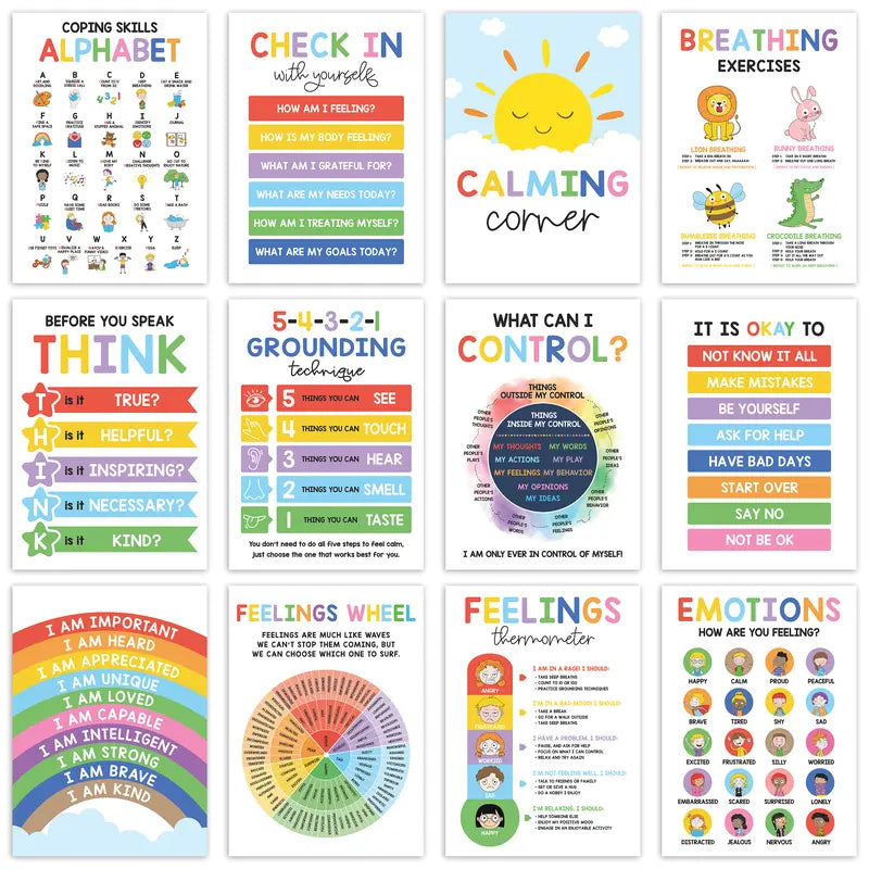 🌈 12 Pcs Calming Posters – Help Kids Understand Their Feelings 💖