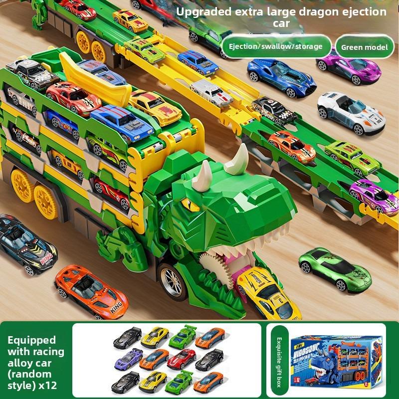 Dinosaur Transport Truck Toy – 2-in-1 Racetrack + Storage Playset with 12 Die-Cast Cars