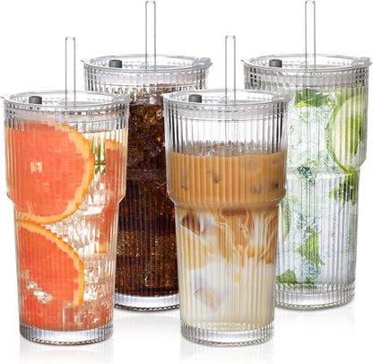 🥤 19oz Ribbed Glass Tumblers with Lids & Straws