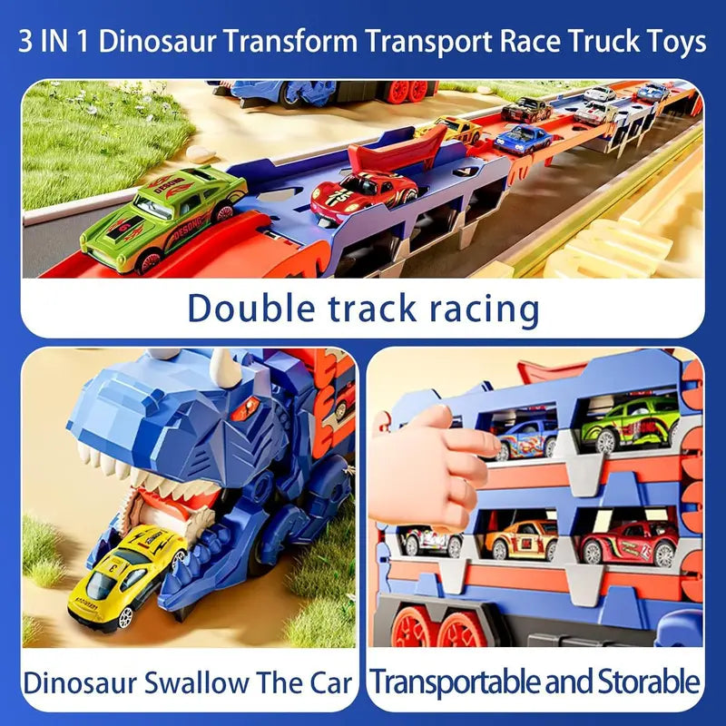Dinosaur Transport Truck Toy – 2-in-1 Racetrack + Storage Playset with 12 Die-Cast Cars